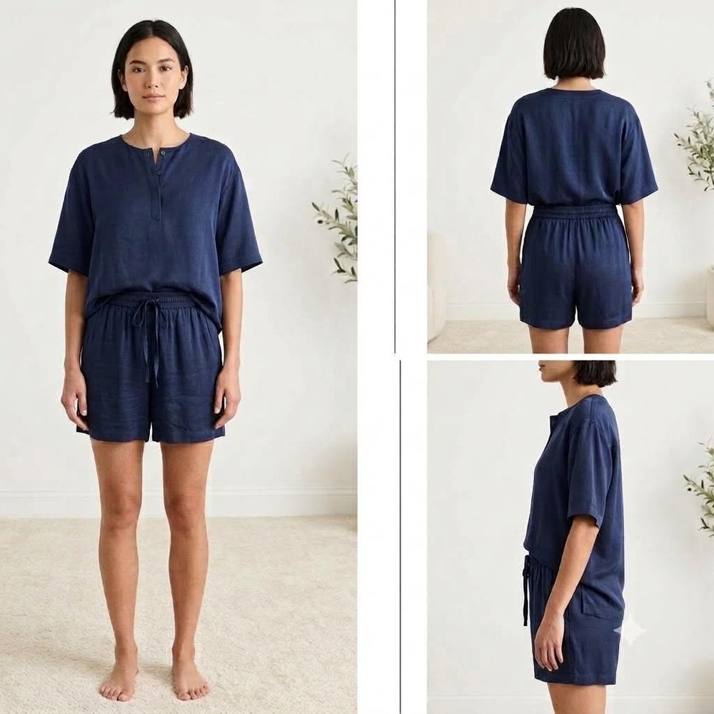 Lunya Two Piece Outfit Set Womens M Navy Blue Relaxed Fit Lightweight Comfort